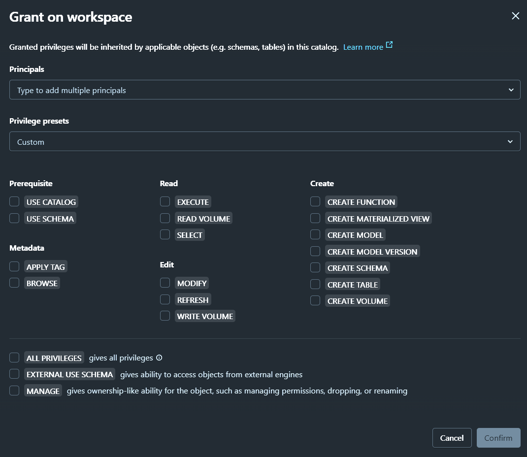 Catalog - Object privileges