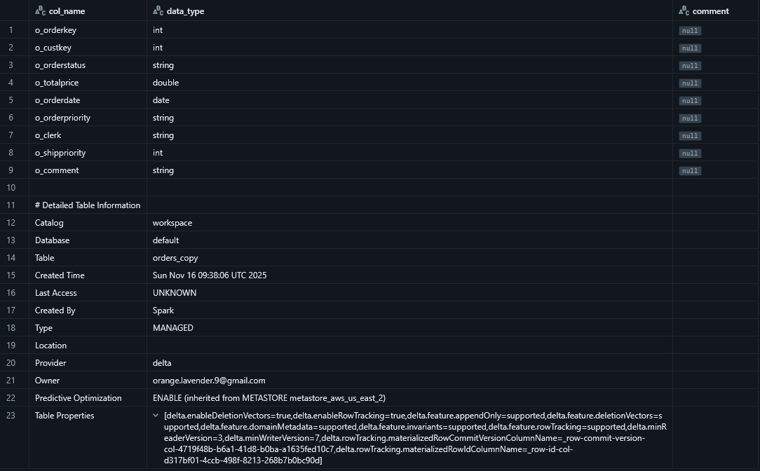 Tables - Show schema and table properties