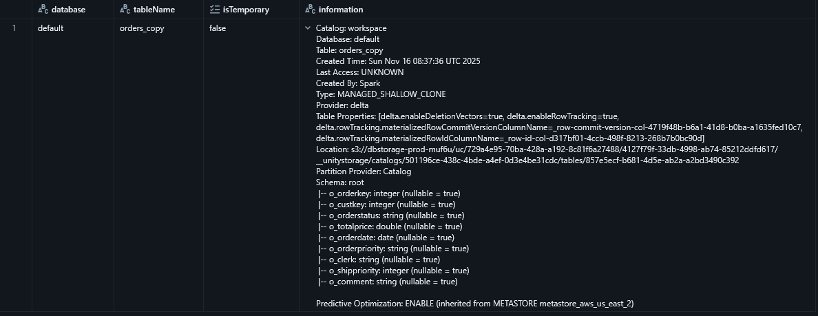 Tables - Shows information for all tables matching the given regular expression